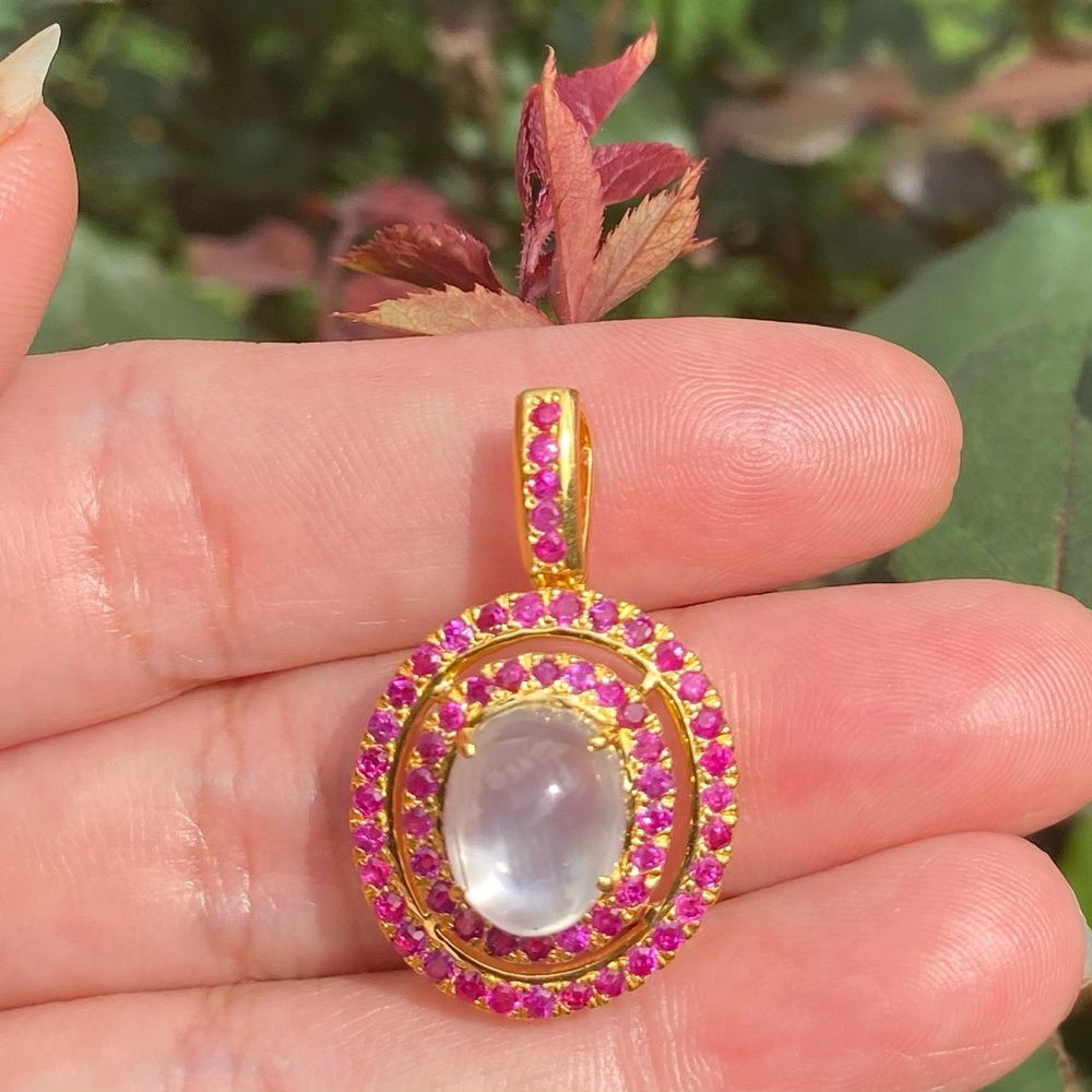 New Burmese Ruby & Moonstone Pendant in 18k Solid Gold